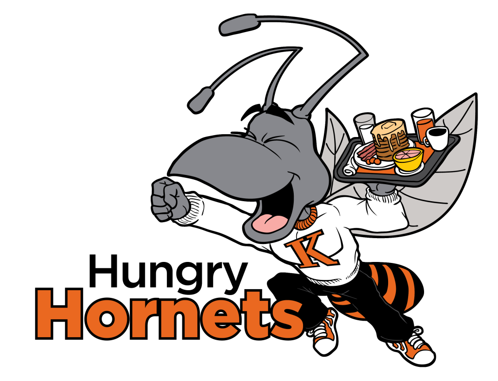 Hungry Hornet logo. Buzz (hornet) holding a gray tray with breakfast food in one hand and an extended fist, the other. 